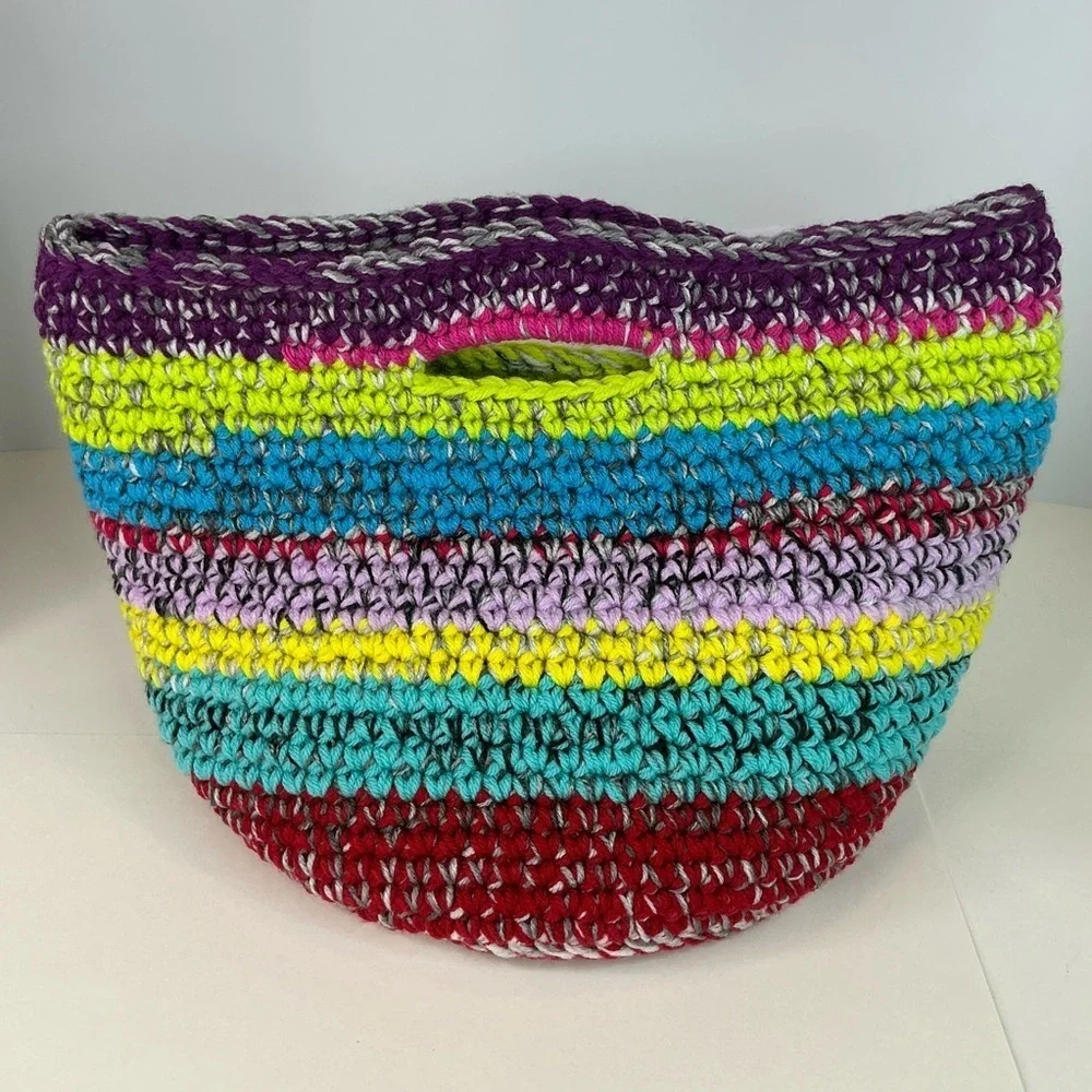 Handcrafted Multicolor Crochet Scrap Woven Tote Bag Basket Storage Handmade Knit